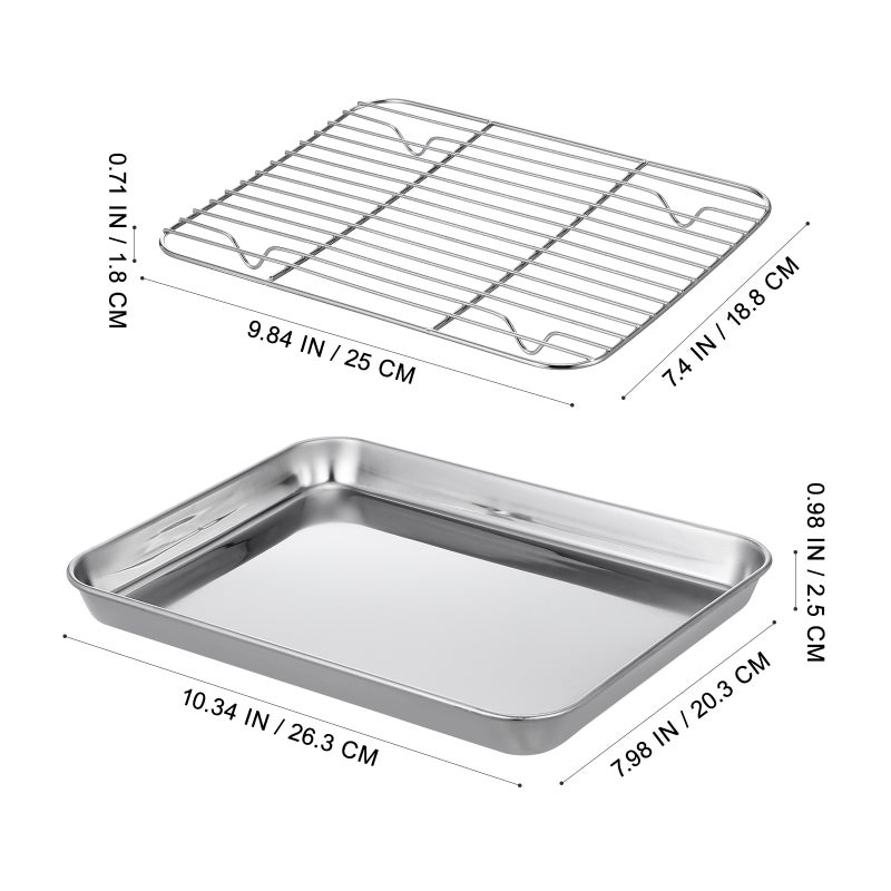 2 Pieces/Set Rectangular Baking Tray Stainless Steel Baking Pan Sheet with Removable Cooling Rack - Image 2