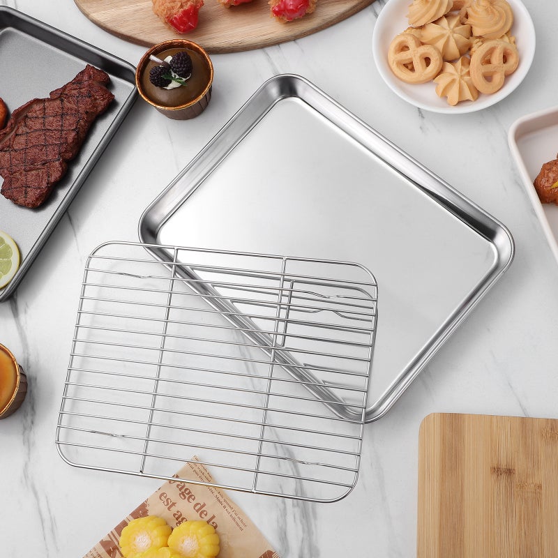 2 Pieces/Set Rectangular Baking Tray Stainless Steel Baking Pan Sheet with Removable Cooling Rack - Image 4