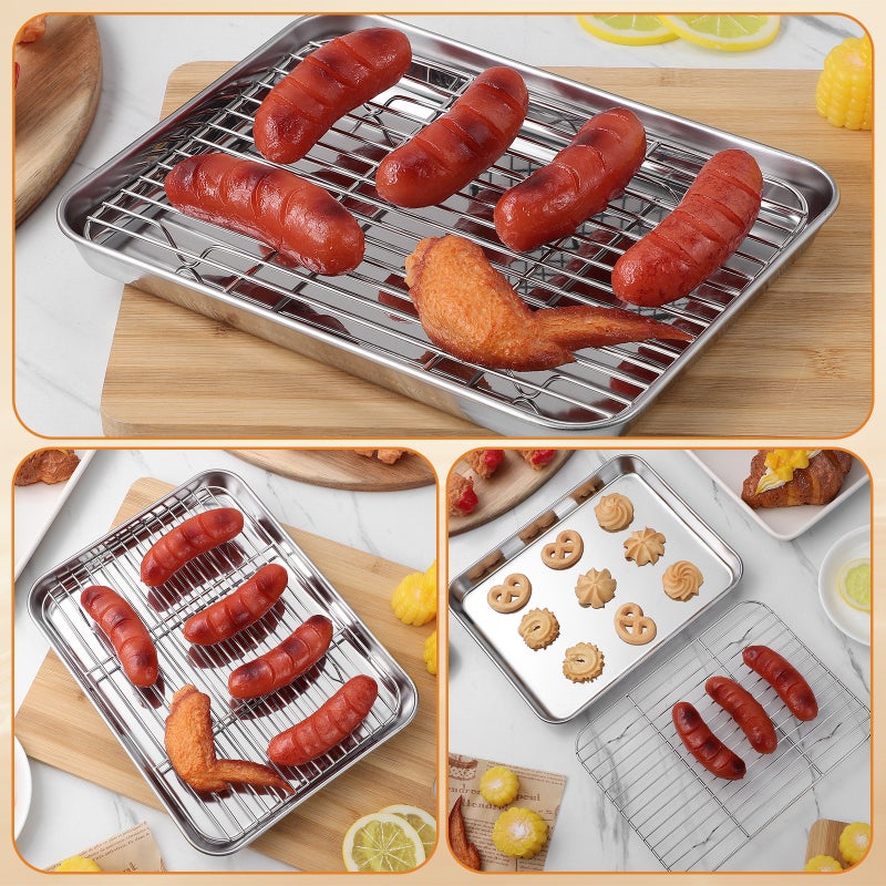 2 Pieces/Set Rectangular Baking Tray Stainless Steel Baking Pan Sheet with Removable Cooling Rack - Image 5