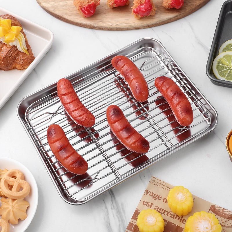 2 Pieces/Set Rectangular Baking Tray Stainless Steel Baking Pan Sheet with Removable Cooling Rack - Image 3