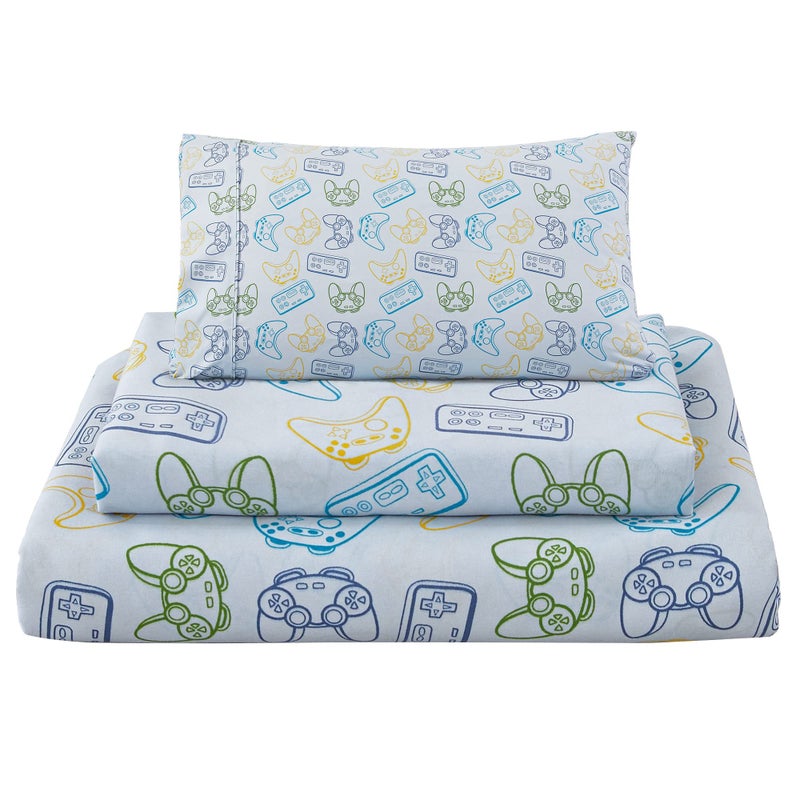 Viviland 3 Pieces Boys Grey Twin Sheet Set  Soft Microfiber Fitted Flat Sheets  Pillowcase  Game Player Paddle Printed Bedding Sets  for Kids  Toddlers
