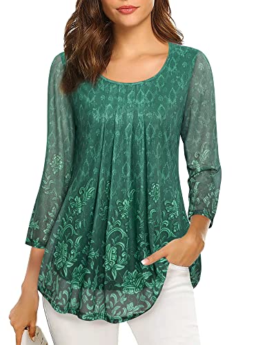 VALOLIA Tops for Women Work Casual, Womens Tunic 3/4 Sleeve Shirts for Women Plus Size Office Elegant Formal Blouse Sheer Sleeve Tops for Women for Evening Wear Multicolor Green-2 X-Large - Image 1