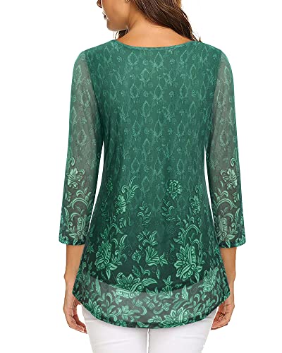VALOLIA Tops for Women Work Casual, Womens Tunic 3/4 Sleeve Shirts for Women Plus Size Office Elegant Formal Blouse Sheer Sleeve Tops for Women for Evening Wear Multicolor Green-2 X-Large - Image 2