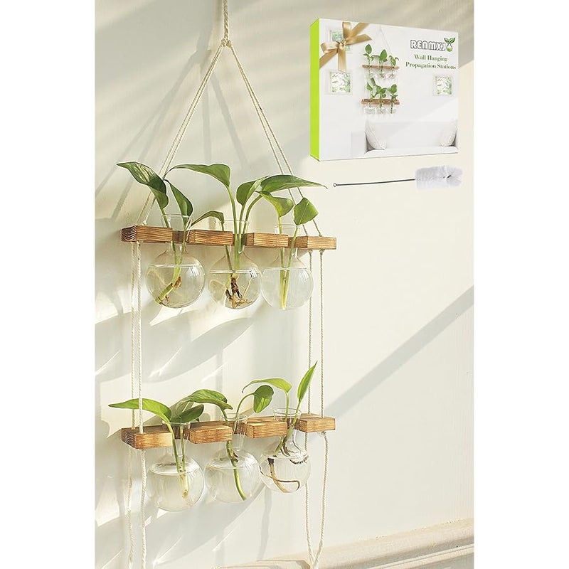 Renmxj Wall Hanging Plant Propagation Station - 6 Bulb Vase 2 Tiered Wooden Stand Plant Terrarium kit,Home Office Garden Decor Planter,Plant Accessories,Gardening Gifts for Women - Image 1