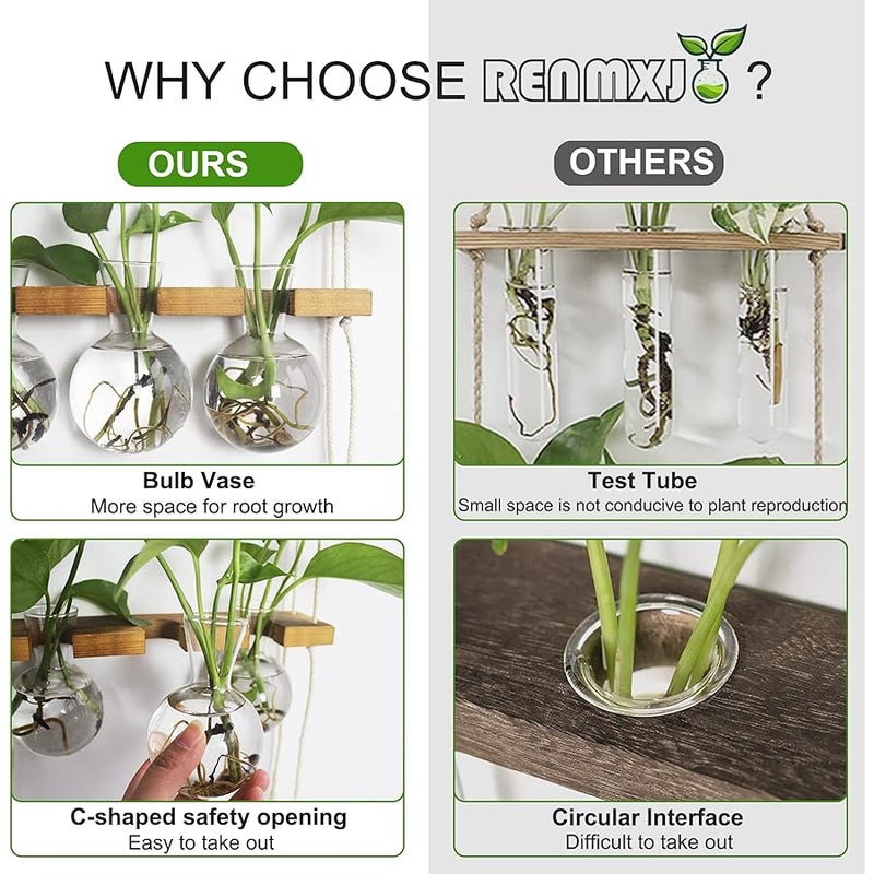 Renmxj Wall Hanging Plant Propagation Station - 6 Bulb Vase 2 Tiered Wooden Stand Plant Terrarium kit,Home Office Garden Decor Planter,Plant Accessories,Gardening Gifts for Women - Image 4