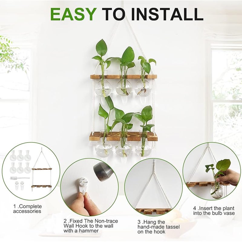 Renmxj Wall Hanging Plant Propagation Station - 6 Bulb Vase 2 Tiered Wooden Stand Plant Terrarium kit,Home Office Garden Decor Planter,Plant Accessories,Gardening Gifts for Women - Image 3
