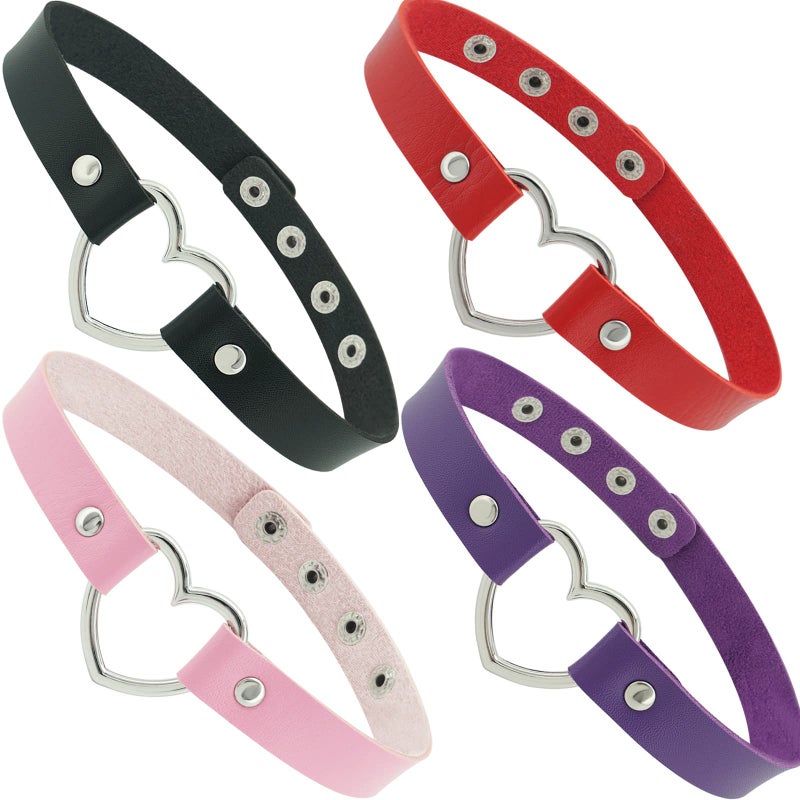 ETHOON 4 Pack Adjustable Leather Choker Punk Love Heart PU Necklace Goth Soft Choker Collar Chain Necklace for Women, Black Purple Pink Red - Image 1