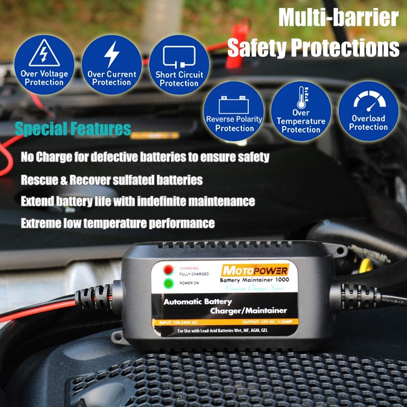 موتوباور شاحن بطارية أوتوماتيكي من ماركة MOTOPOWER، طراز MP00206A، بجهد 12 فولت وقدرة تشغيلية 1.5 أمبير، مناسب للسيارات والدراجات النارية والمركبات الريفية ومركبات التخييم (RVs) والرياضات القوية والقوارب وغيرها، يعمل على الحفاظ على أداء البطاريات ويساعد في تمديد عمرها الافتراضي. - Image 4