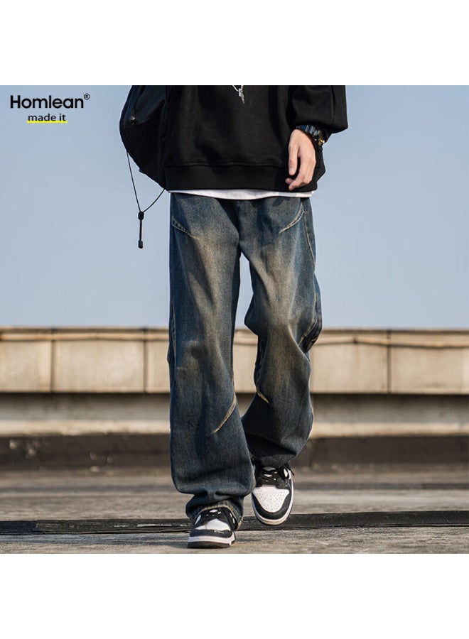 Homlean Water-washed Vintage Jeans For Men, Spring And Summer American-style Loose Wrinkled Design Straight-leg Trousers, Hs04 Vintage Blue 3XL - Image 1