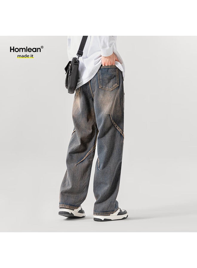 Homlean Water-washed Vintage Jeans For Men, Spring And Summer American-style Loose Wrinkled Design Straight-leg Trousers, Hs04 Vintage Blue 3XL - Image 5
