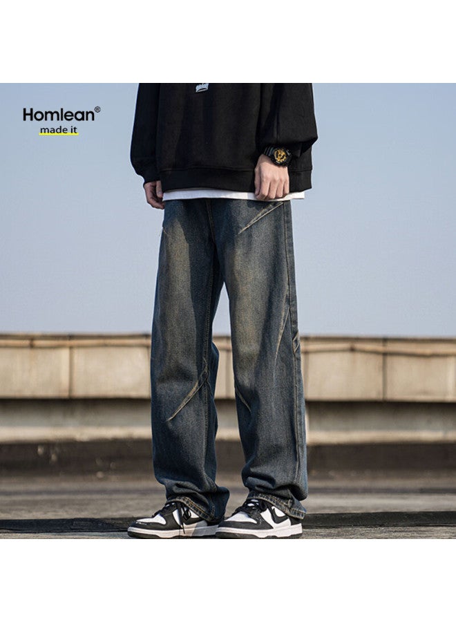 Homlean Water-washed Vintage Jeans For Men, Spring And Summer American-style Loose Wrinkled Design Straight-leg Trousers, Hs04 Vintage Blue 3XL - Image 4