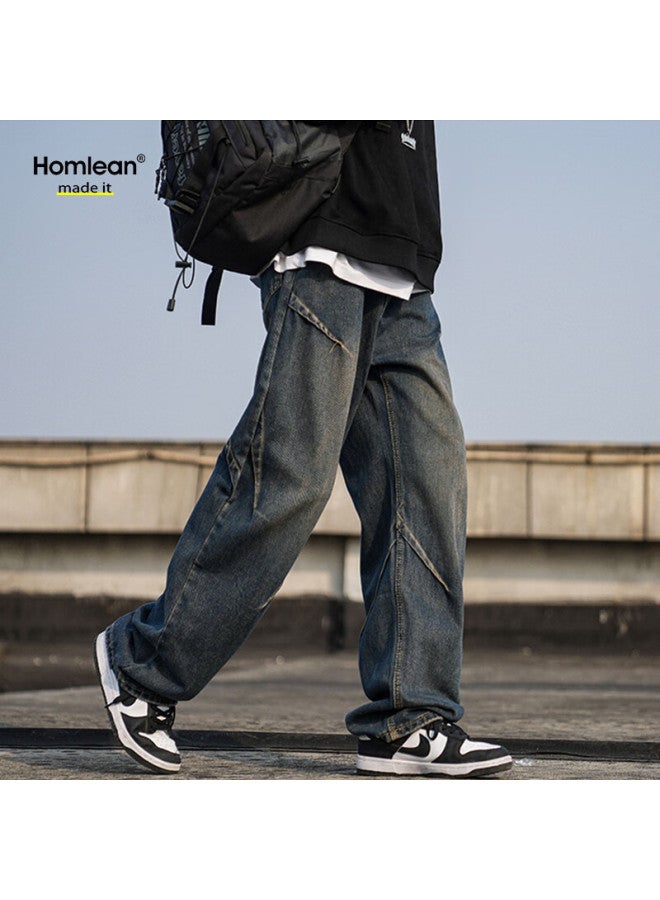 Homlean Water-washed Vintage Jeans For Men, Spring And Summer American-style Loose Wrinkled Design Straight-leg Trousers, Hs04 Vintage Blue 3XL - Image 3