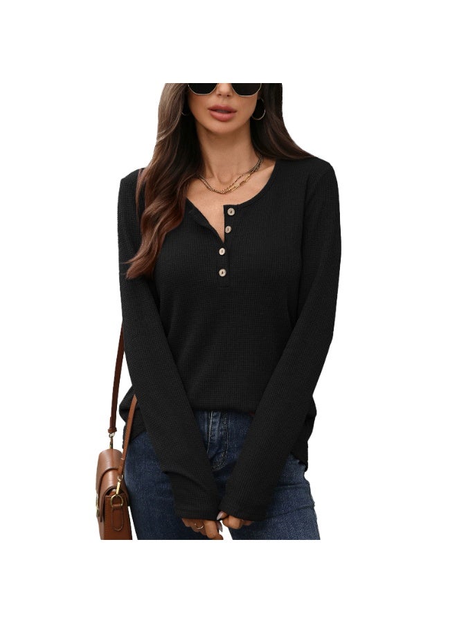 general 2025-2026 Solid-color Round-neck Button-up Loose-Sleeved T-shirt for Women - Image 1