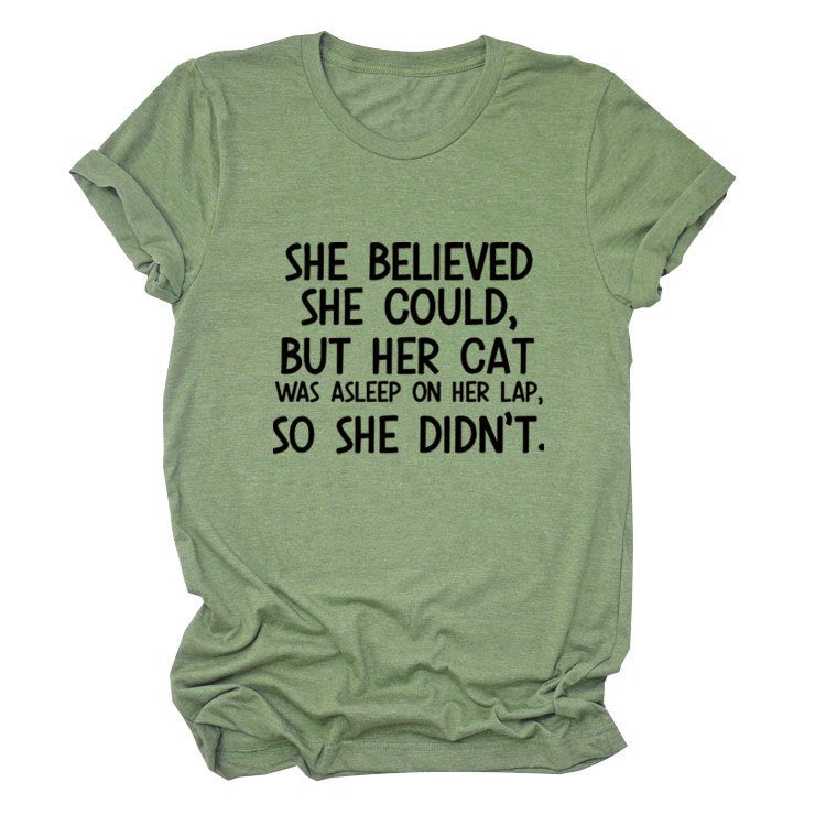 She Believed She C Letter Printed Loose T-Shirt Versatile and Comfortable Short Sleeves - Image 1