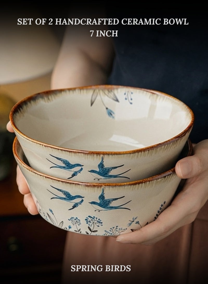 Set of 2 Handcrafted Ceramic Bowls 7 inch 900ml - Spring Birds Ruffled Bowl, Perfect Housewarming Gift, Artisan Stoneware Serving Plates, Ideal for Ramen, Soup, Pasta, Salad, Main Course & Modern Farmhouse Kitchen Tableware - Image 1