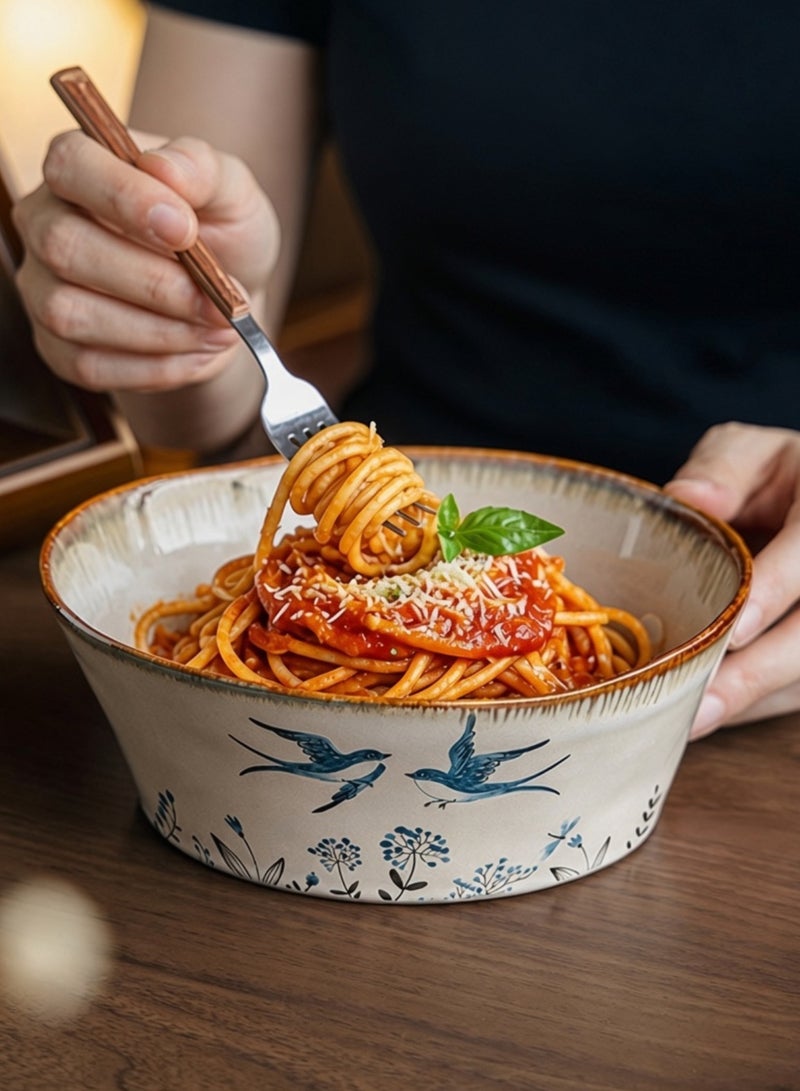 Set of 2 Handcrafted Ceramic Bowls 7 inch 900ml - Spring Birds Ruffled Bowl, Perfect Housewarming Gift, Artisan Stoneware Serving Plates, Ideal for Ramen, Soup, Pasta, Salad, Main Course & Modern Farmhouse Kitchen Tableware - Image 2