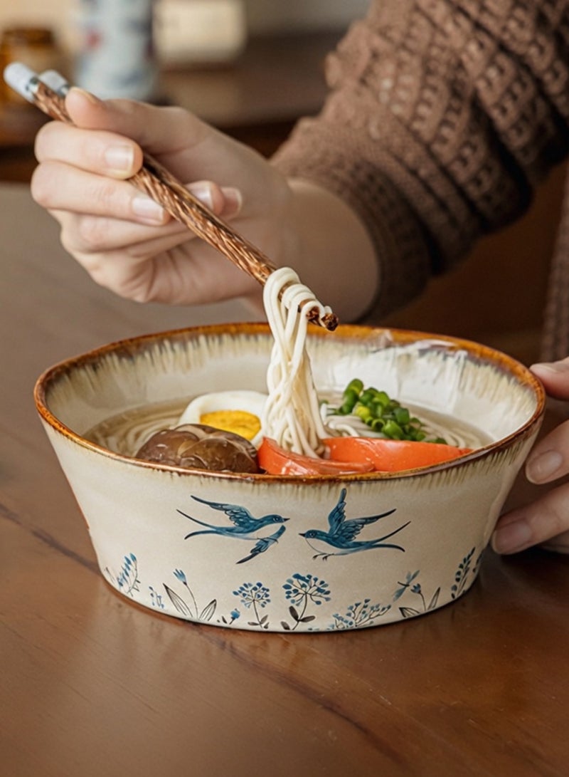 Set of 2 Handcrafted Ceramic Bowls 7 inch 900ml - Spring Birds Ruffled Bowl, Perfect Housewarming Gift, Artisan Stoneware Serving Plates, Ideal for Ramen, Soup, Pasta, Salad, Main Course & Modern Farmhouse Kitchen Tableware - Image 4