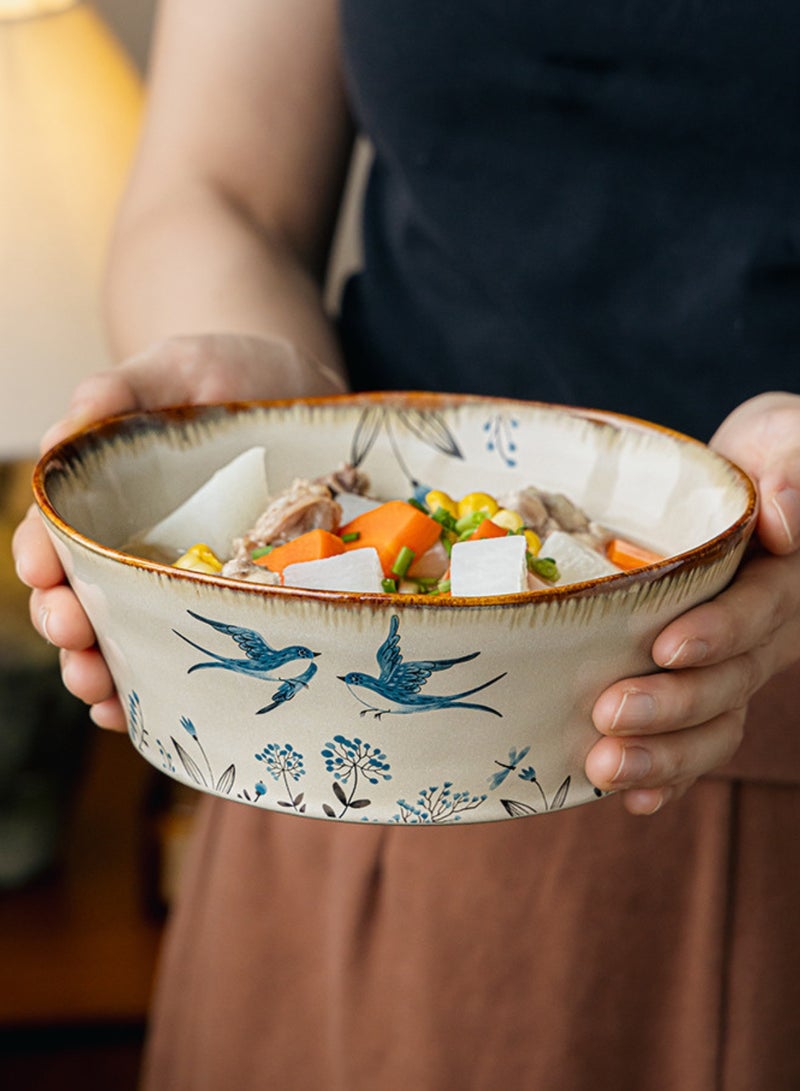 Set of 2 Handcrafted Ceramic Bowls 7 inch 900ml - Spring Birds Ruffled Bowl, Perfect Housewarming Gift, Artisan Stoneware Serving Plates, Ideal for Ramen, Soup, Pasta, Salad, Main Course & Modern Farmhouse Kitchen Tableware - Image 3