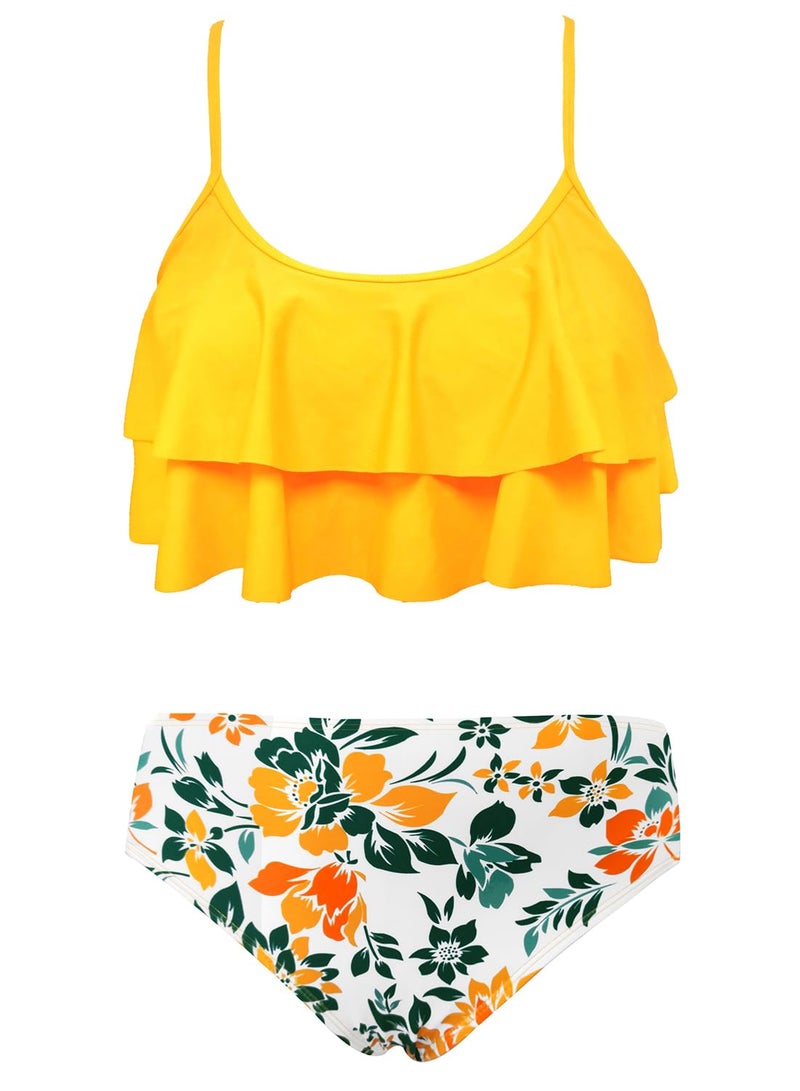 SHEKINI Girls Floral Printing Bathing Suits Ruffle Flounce Two Piece Swimsuits (Yellow - B, 8-10 Years) - Image 4