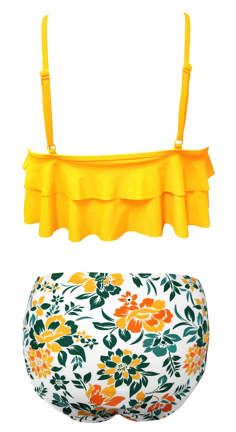 SHEKINI Girls Floral Printing Bathing Suits Ruffle Flounce Two Piece Swimsuits (Yellow - B, 8-10 Years) - Image 2