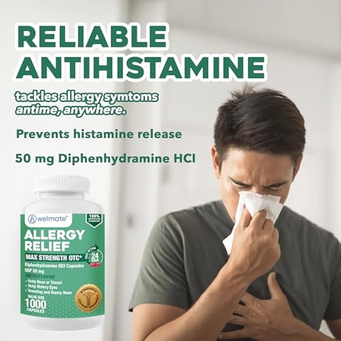 WELMATE Allergy Relief - Diphenhydramine 50 mg - 1000 Count Capsules - Antihistamine - Allergy & Cold Symptoms - Sneezing, Runny Nose, Itchy Eyes & Throat - Image 2