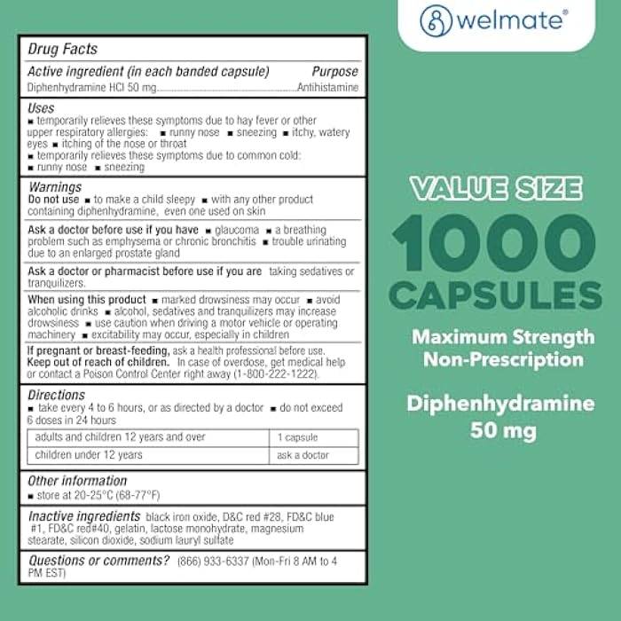 WELMATE Allergy Relief - Diphenhydramine 50 mg - 1000 Count Capsules - Antihistamine - Allergy & Cold Symptoms - Sneezing, Runny Nose, Itchy Eyes & Throat - Image 4