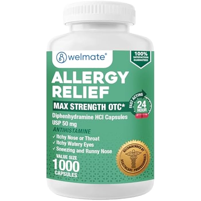 WELMATE Allergy Relief - Diphenhydramine 50 mg - 1000 Count Capsules - Antihistamine - Allergy & Cold Symptoms - Sneezing, Runny Nose, Itchy Eyes & Throat - Image 1