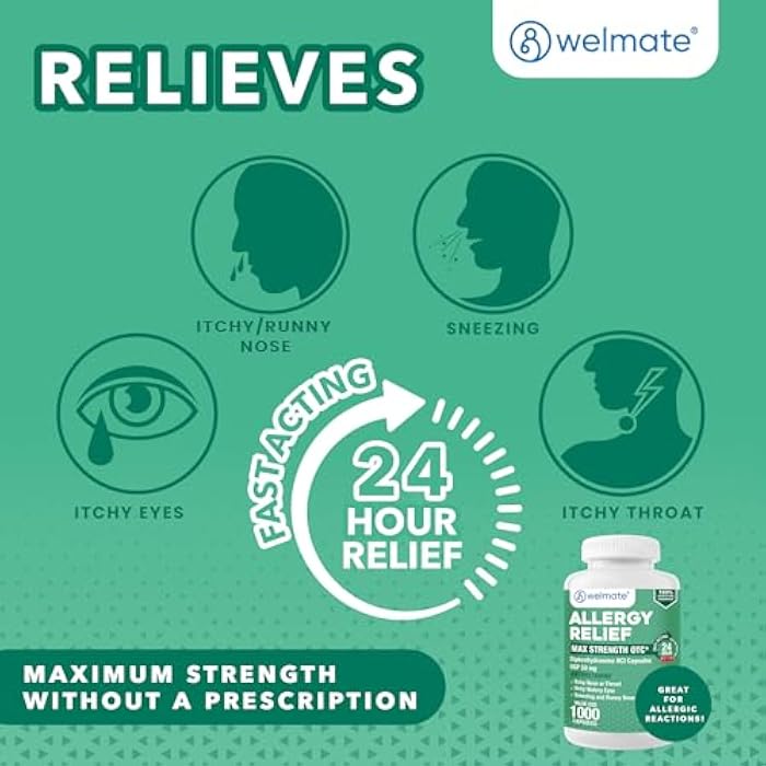 WELMATE Allergy Relief - Diphenhydramine 50 mg - 1000 Count Capsules - Antihistamine - Allergy & Cold Symptoms - Sneezing, Runny Nose, Itchy Eyes & Throat - Image 5