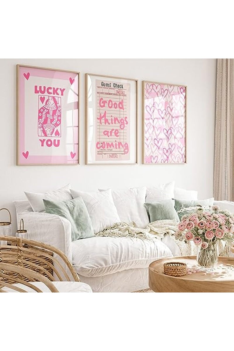 Youillne Lucky You Pink Wall Art Guest Check Preppy Wall Decor Trendy Aesthetic Canvas Wall Art Funky Poster Cute Picture Prints Inspirational Artwork for Room Bedroom 12x16 Inch Unframed Set of 3 - Image 2