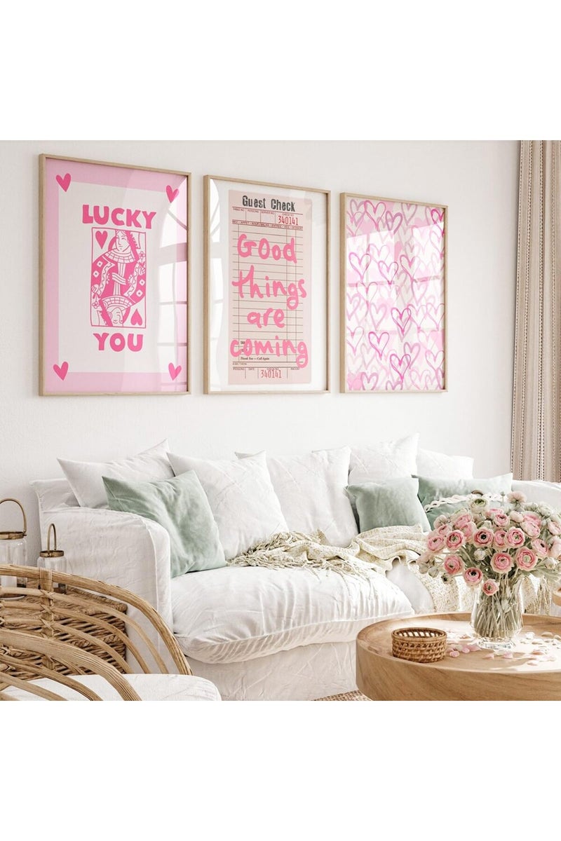Youillne Lucky You Pink Wall Art Guest Check Preppy Wall Decor Trendy Aesthetic Canvas Wall Art Funky Poster Cute Picture Prints Inspirational Artwork for Room Bedroom 12x16 Inch Unframed Set of 3 - Image 1