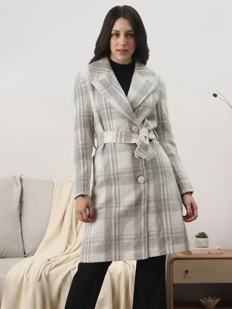 Globus Women White Notched Lapel Long Sleeves Checkered Self Design Winter Wear Overcoat with Belt