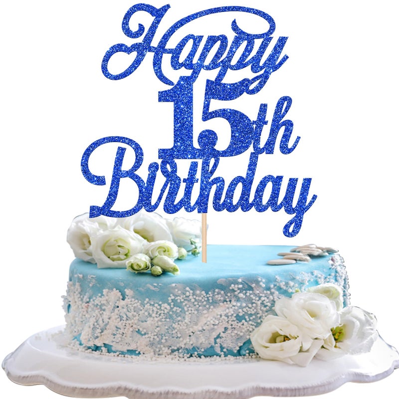 RSSTARXI 1 حزمة سعيدة 15 عيد ميلاد كعكة Topper Glitter 15 & هتافات رائعة ل 15 سنة اختيار كعكة عيد ميلاد للاحتفال بعيد ميلاد 15th الذكرى السنوية ديكورات الكعكة اللوازم الأزرق العميق - Image 1