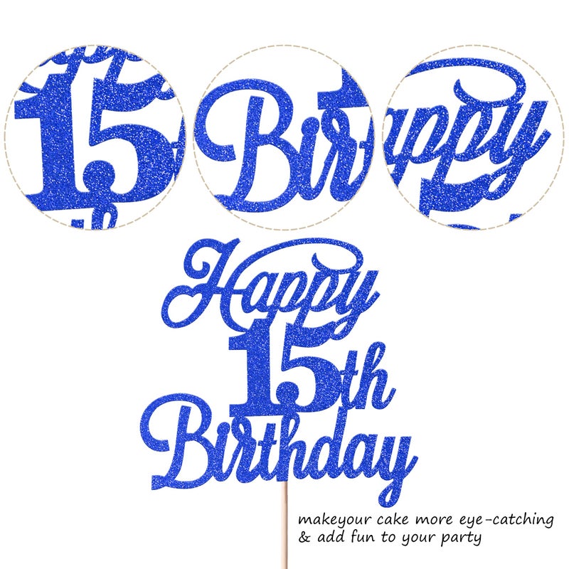 RSSTARXI 1 حزمة سعيدة 15 عيد ميلاد كعكة Topper Glitter 15 & هتافات رائعة ل 15 سنة اختيار كعكة عيد ميلاد للاحتفال بعيد ميلاد 15th الذكرى السنوية ديكورات الكعكة اللوازم الأزرق العميق - Image 3