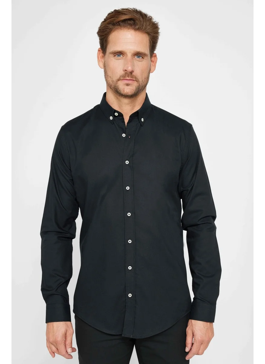 Tudors Slim Fit Slim Fit Button Collar Oxford Texture Cotton Black Men's Shirt