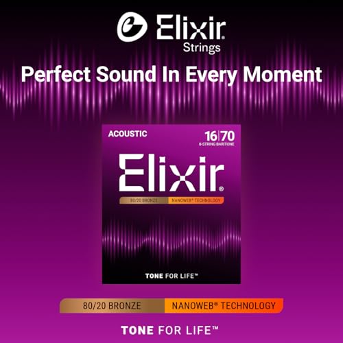 Elixir Strings, Acoustic Guitar Strings, 80/20 Bronze with NANOWEB Technology, Longest-Lasting Bright and Focused Tone For Life with Comfortable Feel, 8-String Set, Baritone For Life 16-70 - Image 2
