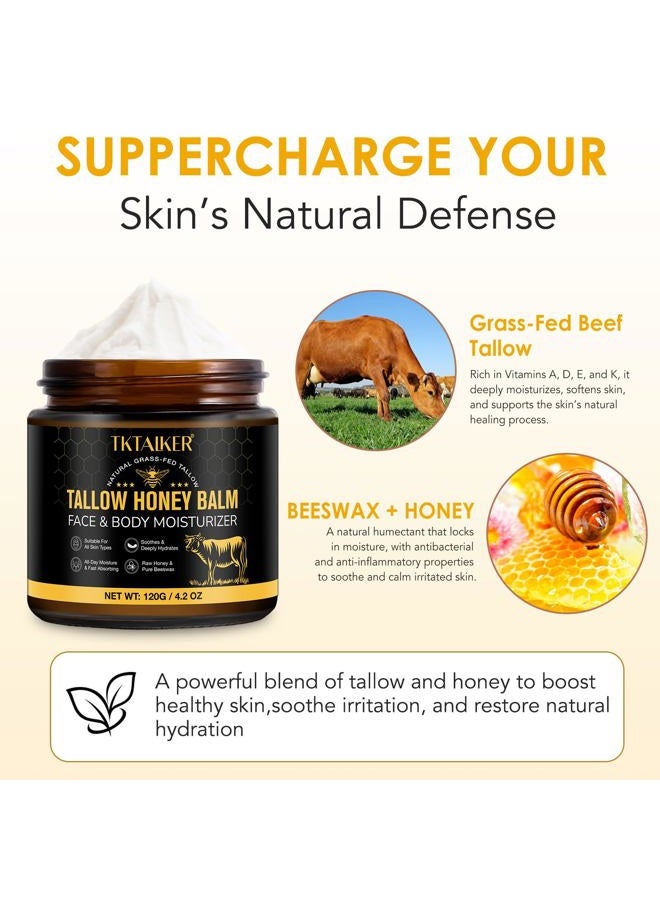 TKTALKER شحم البقر للبشرة، شحم البقر للوجه، بلسم مرطب بالشحم مع العسل الخام وشمع النحل، مزيج شحم البقر من الأبقار التي تتغذى على العشب والعسل البري الخام، مرطب للجسم والوجه، تركيبة طبيعية، رائحة خفيفة - Image 3