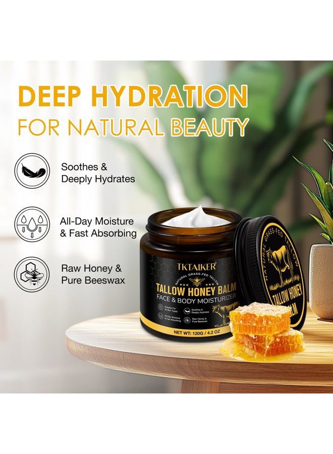TKTALKER شحم البقر للبشرة، شحم البقر للوجه، بلسم مرطب بالشحم مع العسل الخام وشمع النحل، مزيج شحم البقر من الأبقار التي تتغذى على العشب والعسل البري الخام، مرطب للجسم والوجه، تركيبة طبيعية، رائحة خفيفة - Image 2