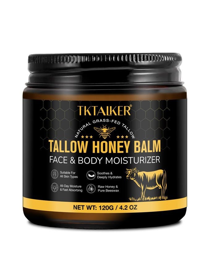 TKTALKER شحم البقر للبشرة، شحم البقر للوجه، بلسم مرطب بالشحم مع العسل الخام وشمع النحل، مزيج شحم البقر من الأبقار التي تتغذى على العشب والعسل البري الخام، مرطب للجسم والوجه، تركيبة طبيعية، رائحة خفيفة - Image 1