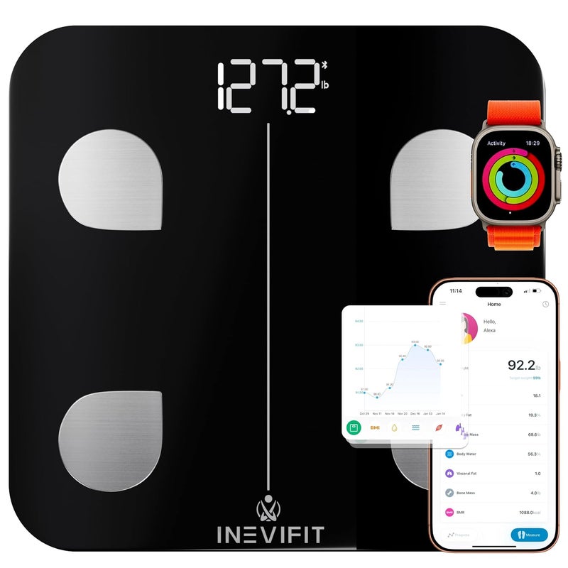 إنيفي فيت ميزان INEVIFIT الذكي لقياس نسبة الدهون في الجسم، دقيق للغاية ومتصل بالبلوتوث، يحلل تركيبة الجسم في الحمام، يقيس الوزن، نسبة الدهون، الماء، العضلات، الدهون الداخلية وكتلة العظام لعدد غير محدود من المستخدمين (لون أسود) - Image 1