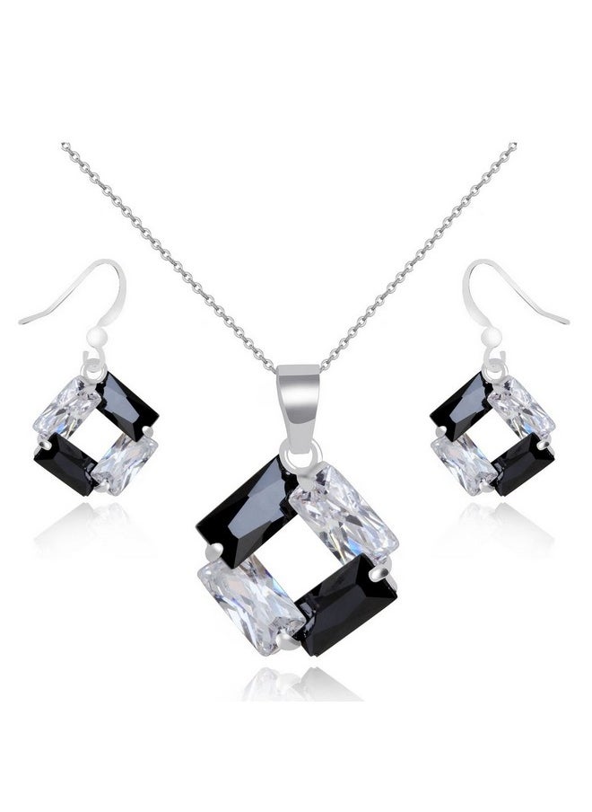 Crystalline Azuria Black And White Zirconia Crystals Rhombus Set Pendant Necklace 18 Inches Dangle Earrings 18K White Gold Plated  - Image 1
