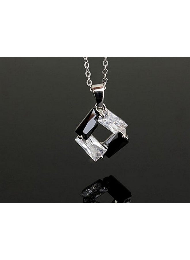 Crystalline Azuria Black And White Zirconia Crystals Rhombus Set Pendant Necklace 18 Inches Dangle Earrings 18K White Gold Plated  - Image 2