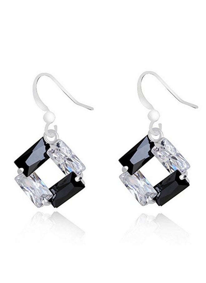 Crystalline Azuria Black And White Zirconia Crystals Rhombus Set Pendant Necklace 18 Inches Dangle Earrings 18K White Gold Plated  - Image 4