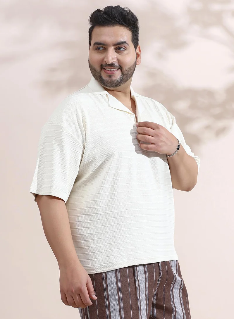 Instafab Plus Instafab Plus Men's Cream White Coil-Tactile Cuban Polo T-Shirt For Casual Wear | Polo Neck | Short Cuffed Sleeves | Half-Button Closure | Plus Size T-Shirt Crafted With Comfort Fit For Everyday Wear