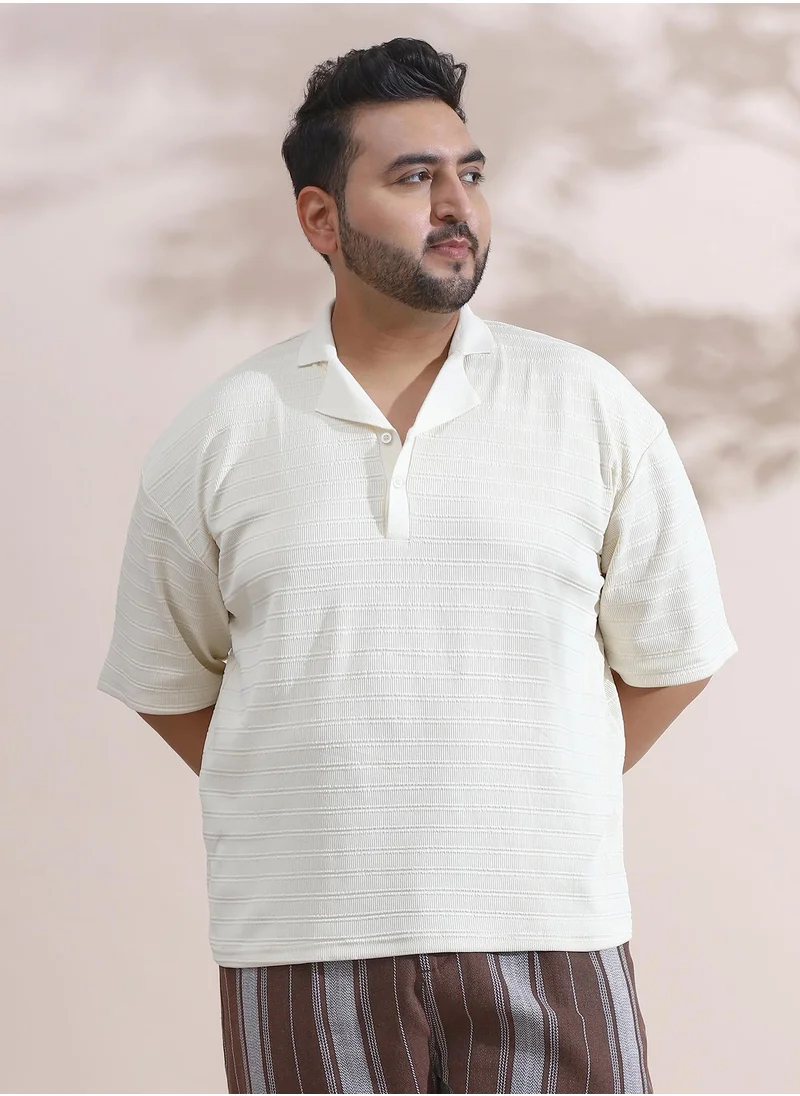 Instafab Plus Instafab Plus Men's Cream White Coil-Tactile Cuban Polo T-Shirt For Casual Wear | Polo Neck | Short Cuffed Sleeves | Half-Button Closure | Plus Size T-Shirt Crafted With Comfort Fit For Everyday Wear