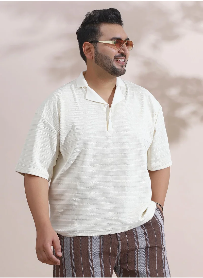 Instafab Plus Instafab Plus Men's Cream White Coil-Tactile Cuban Polo T-Shirt For Casual Wear | Polo Neck | Short Cuffed Sleeves | Half-Button Closure | Plus Size T-Shirt Crafted With Comfort Fit For Everyday Wear