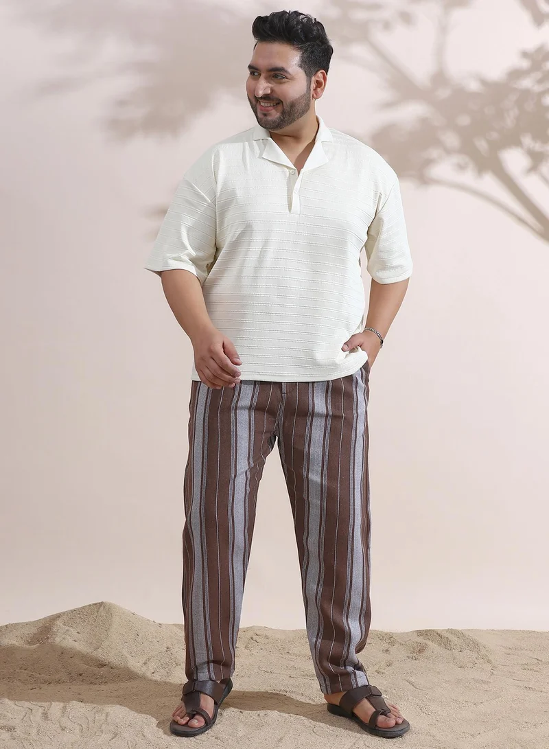 Instafab Plus Instafab Plus Men's Cream White Coil-Tactile Cuban Polo T-Shirt For Casual Wear | Polo Neck | Short Cuffed Sleeves | Half-Button Closure | Plus Size T-Shirt Crafted With Comfort Fit For Everyday Wear