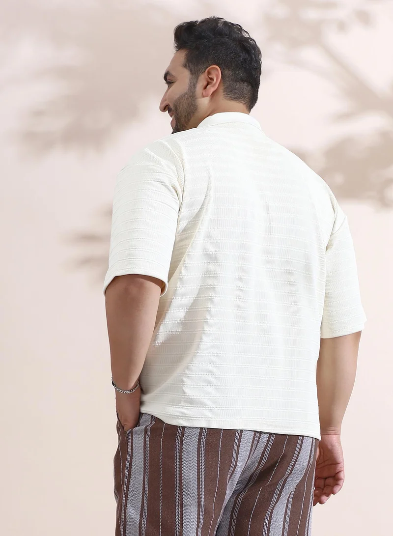 Instafab Plus Instafab Plus Men's Cream White Coil-Tactile Cuban Polo T-Shirt For Casual Wear | Polo Neck | Short Cuffed Sleeves | Half-Button Closure | Plus Size T-Shirt Crafted With Comfort Fit For Everyday Wear