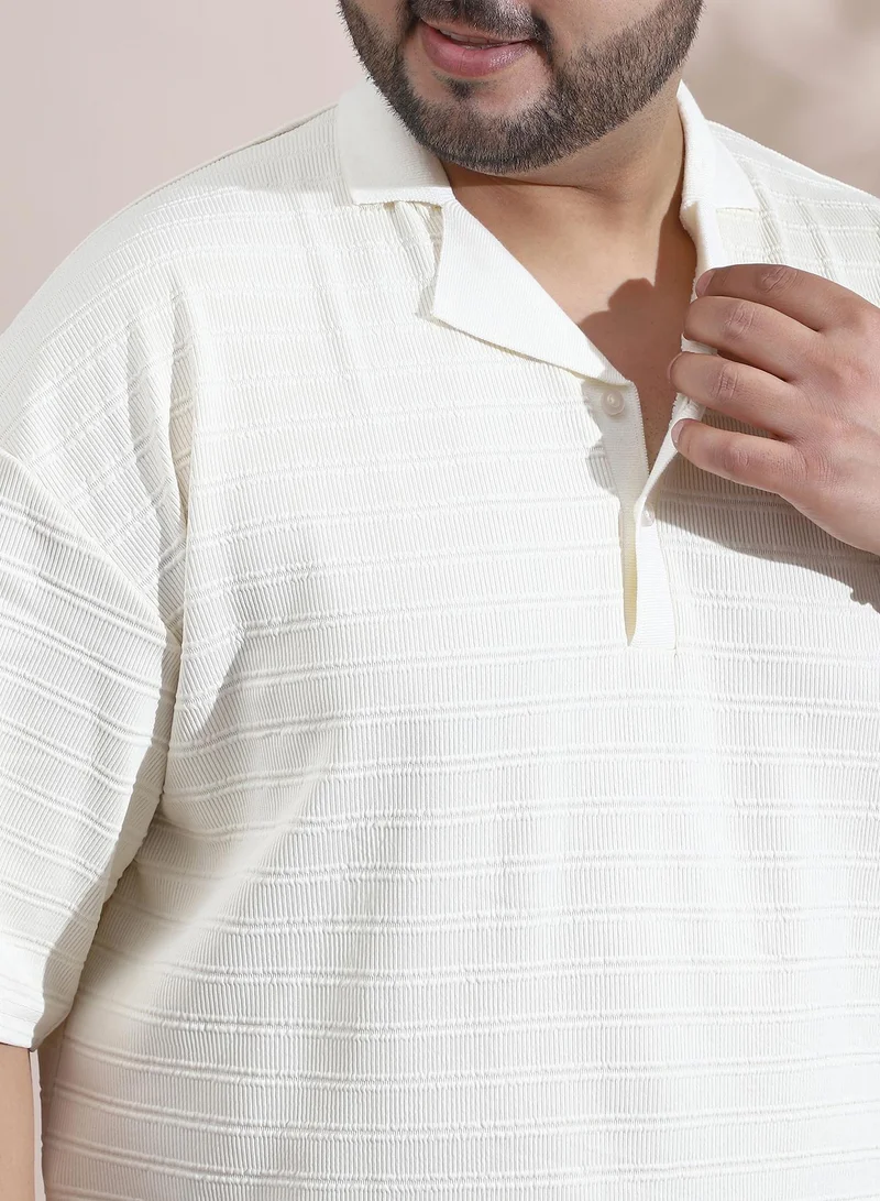 Instafab Plus Instafab Plus Men's Cream White Coil-Tactile Cuban Polo T-Shirt For Casual Wear | Polo Neck | Short Cuffed Sleeves | Half-Button Closure | Plus Size T-Shirt Crafted With Comfort Fit For Everyday Wear