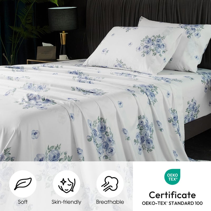 HYPREST Blue Floral Bed Sheets King Size, 18 inches Deep Pocket Sheets 1800 Thread Count, 4 Pieces Sheet Set Soft Breathable Farmhouse Sheets Shabby Chic Bed Sheets,Oeko-Tex Certificated - Image 2