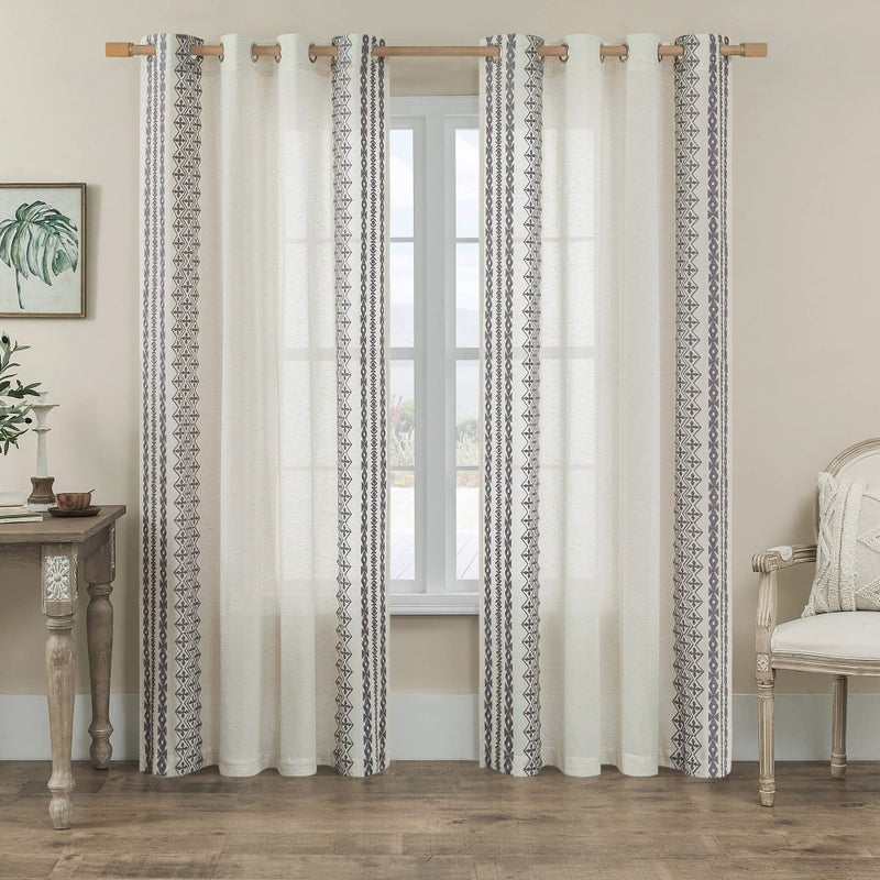 Grey Boho Curtains 108 Inches Long 2 Panels Grommet Natural Linen Textured Bohemian Curtains for Living Room Semi Sheer Neutral Embroidered Window Drapes for Bedroom Rustic Farmhouse Decor 52x108
